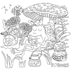 Fototapeta premium Cute frog and snail are reading book together.Characters are sitting under fly agaric mushroom. Blooming dandelion,grass ,jar with frog babies.Black linear vector illustration for coloring on white.