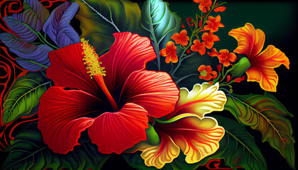 Illustration Hawaiian style hibiscus flower (Hibiscus rosa-sinensis) and lush tropical vegetation - Generative AI