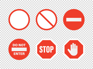 Vector White and Red Round Prohibition Stop Sign Icon Set - Warning, Danger Sign Frame Closeup. Dangerous Plate Design Template of Road Sign, Front View