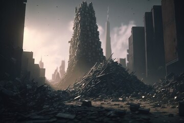 Apocalyptic futuristic landscape of megalopolis with skyscrapers rising thought the piles of garbage
