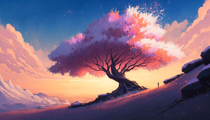 Superimposed snow on a Beautiful Anime Sunset Scenery, Lovely Tree on a hill. Generative AI.