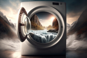 Washing machine in the mountains with fresh mountain river inside, natural alpine freshness and good smell. Generative AI
