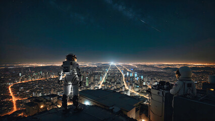 Fototapeta na wymiar two astronauts in white space suits staying on platform hill looking down at blue glowing city lights down below at night, generative AI