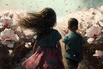Happy children running in a flower plantation, spring, generative ai