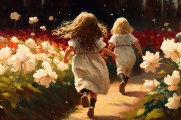 Happy children running in a flower plantation, spring, generative ai