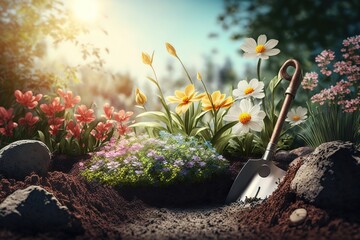 Beautiful garden with flowers, gardening, generative ai, spring