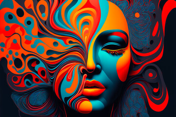 Fototapeta na wymiar Surrealist illustration representing the concept of women's intelligence. Bright and bold colors. Generative AI