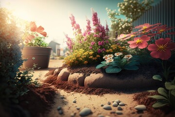 Beautiful garden with flowers, gardening, generative ai, spring