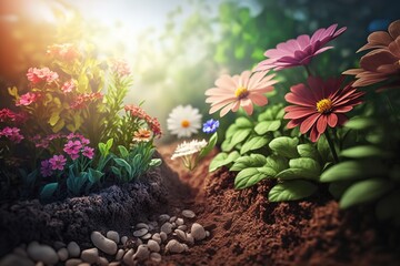 Beautiful garden with flowers, gardening, generative ai, spring