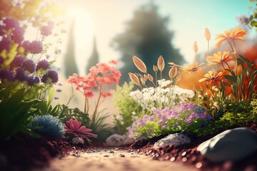 Beautiful garden with flowers, gardening, generative ai, spring