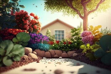 Beautiful garden with flowers, gardening, generative ai, spring