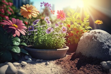 Beautiful garden with flowers, gardening, generative ai, spring