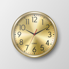 Vector 3d Realistic Simple Round Yellow Golden Wall Office Clock with Yellow Metal Golden Dial Icon Closeup Isolated. Design Template, Mock-up for Branding, Advertise. Front or Top View