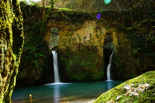 Waterfalls over the ancient grindstone of Biedano gorges, Barberano Romano, Blera, Viterbo, Lazio, Italy