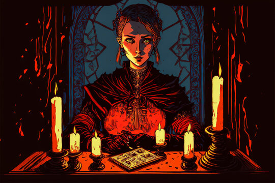 Tarot card reader surrounded by flickering candles with the image of the Tower card prominently displayed. Dark red, black and gold colors reflect a mysterious and occult atmosphere. Generative AI