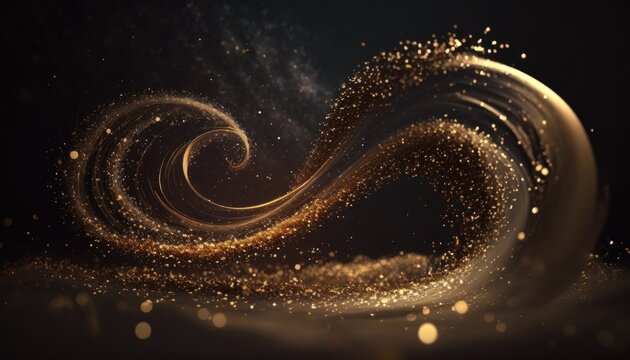 Christmas luxury gold glitter background backdrop. Organic 3D motion swirling and falling particle glitter art in gold.