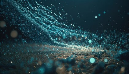 Organic 3D motion swirling and falling particle glitter art in blue. Created using Generative AI.