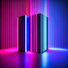 AI generated abstract space red blue pink neon background with cuboid shapes glows in darkness.
