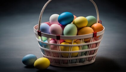 Plakat easter eggs in basket, isolated background, colorful eggs rainbow , celebration traditional holiday , generative ai