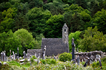 Medieval monastery Glendalough on the green island Ireland - obrazy, fototapety, plakaty