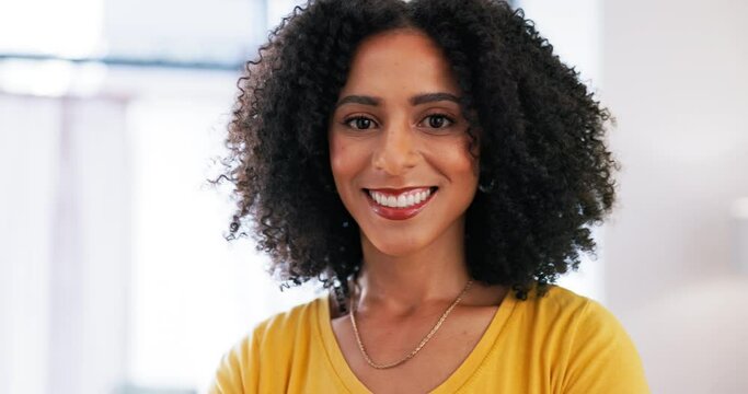 Happy, face and black woman in office at startup company, happy and excited with positive mindset. Smile, portrait and female with future vision for black business, confident or empowered by ambition