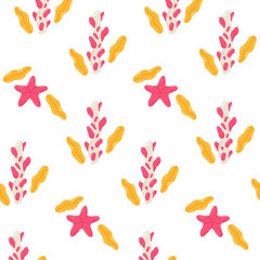 Fototapeta premium Summer marine pattern with cute corals, leaves, shells and starfish. Hand drawn flat cartoon elements. Vector illustration