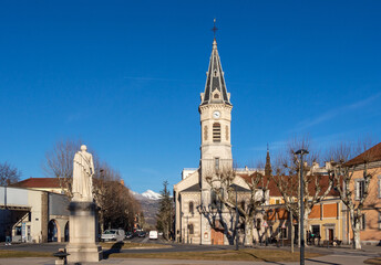 Gap, Hautes Alpes, France : Statue of the Baron Ladoucette (19th century) and the tower of the...