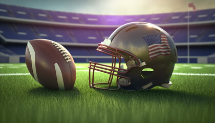 American football ball and helmet on the grass created with generative AI technology