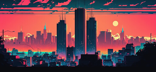 Panoramic cityscape in cyberpunk futuristic style. Towering skyscrapers in neon retrowave colors. Generative AI 