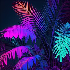 Colorful neon background with palm leaf and leaves. Branches fluorescent color. Neon background abstract colorful palm branches. generative ai