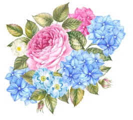 Fototapeten Blooming rose flower watercolor illustration. Cute pink roses in vintage style for design. Handmade garland composition. Watercolour botanical illustration. © Kotkoa