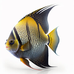 Beautiful multi-colored aquarium fish scalar of an unusual shape, isolated on white close-up, ai generative