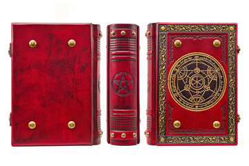 old book cover in red leather with gilded the frame and central detail
