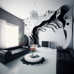 Unusual creative interior design of the living room in red black white colors, ai generative	