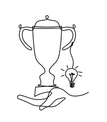 Abstract cup with light bulb as continuous lines drawing on white as background