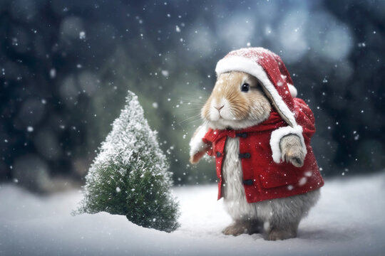 A cute little bunny in the snow next to a Christmas tree dressed as Santa spreading holiday cheer. Room for text or copy space. Created using AI generative tools
