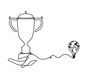 Abstract cup with light bulb as continuous lines drawing on white as background