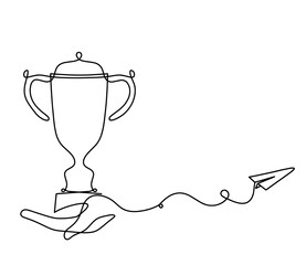 Abstract cup with paper plane as continuous lines drawing on white as background