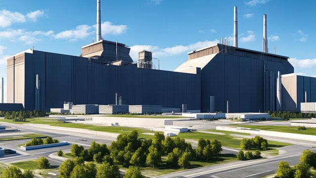 A huge modern nuclear power plant building  producing energy using uranium and plutonium atoms. Construction of a new energy facility. Illustration, concept art. Ai generative