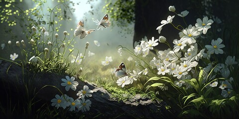 beautiful forest with daisy flowers and butterflies in the foreground, generative AI