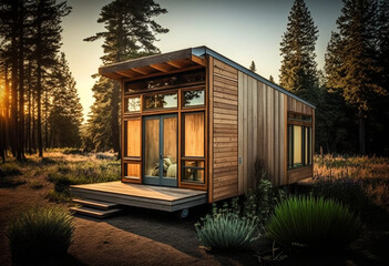 Modern Eco-Friendly Tiny Home Designs: AI Generated Render of a Rustic Cozy Log Cabin A-Frame Exterior - obrazy, fototapety, plakaty