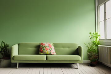 Living room with green walls and a sofa.