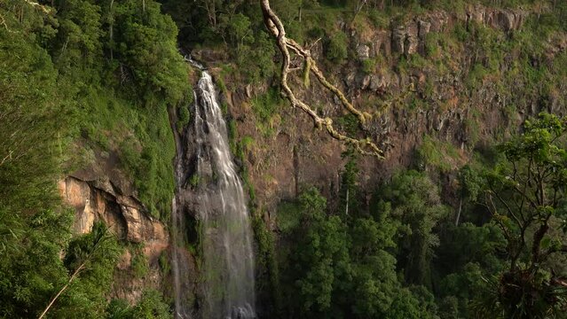 Morans Falls in Lamington National Park on the Lamington Plateau of the McPherson Range on the Queensland New South Wales border in Australia, natural rainforest view to high waterfalls.
