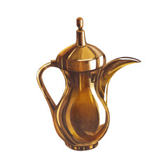 Watercolor golden arabian coffee pot. Hand-drawn illustration isolated on white background. Perfect for islamic celebration day ramadan kareem, eid al fitr adha, arabesque design.