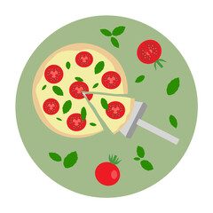 Pizza with tomato, mozzarella and basil. Vector illustration.