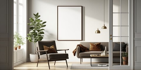 Mockup frame in modern living room with couch, armchair and table. Created with generative Ai technology