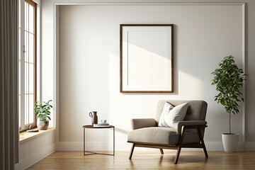 Fototapeta na wymiar Mockup frame in modern living room with armchair and table. Created with generative Ai technology