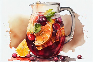 A pitcher of sangria with fruit slices floating inside, watercolor style generative AI
