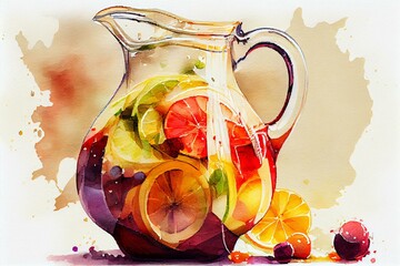 A pitcher of sangria with fruit slices floating inside, watercolor style generative AI