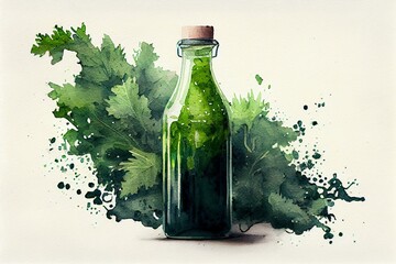 A bottle of green juice with kale leaves in the background, watercolor style generative AI - obrazy, fototapety, plakaty